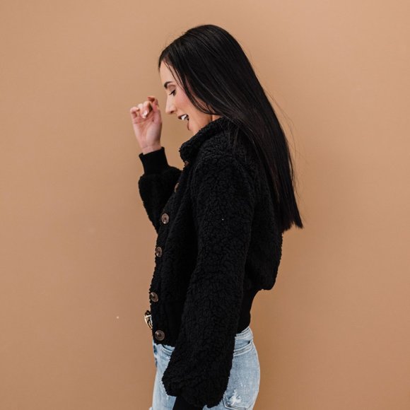 Button Down Ribbed Trim Sherpa Jacket (black) - Picture 3 of 6